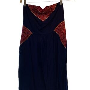 Ecote Strapless Dress in Blue with Red Accents